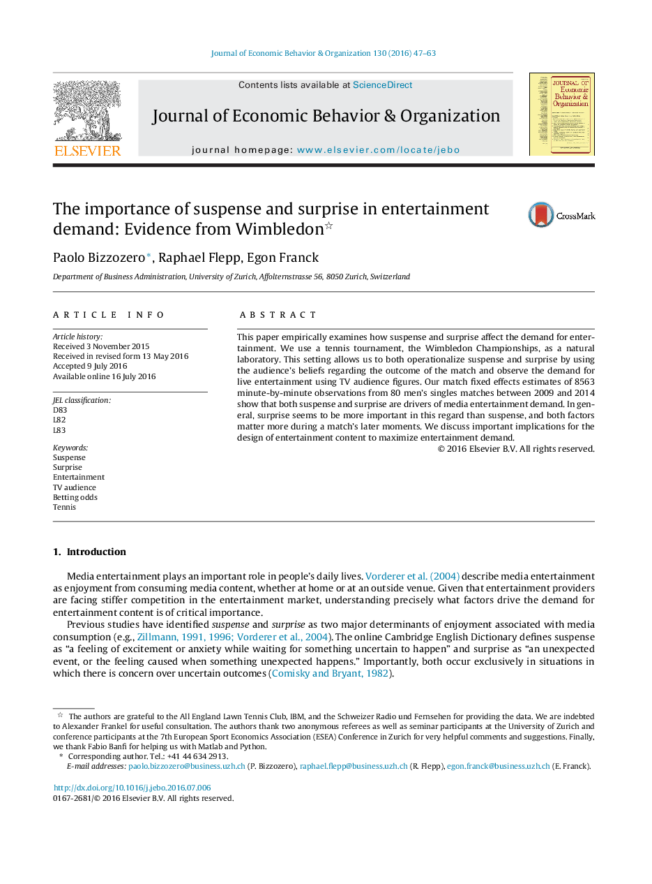 The importance of suspense and surprise in entertainment demand: Evidence from Wimbledon