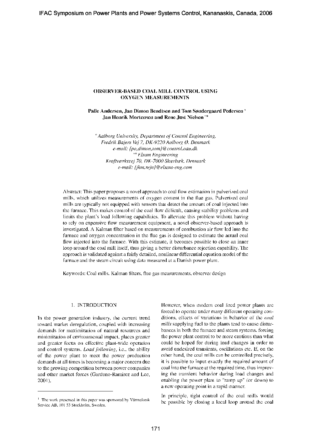 OBSERVER-BASED COAL MILL CONTROL USING OXYGEN MEASUREMENTS 