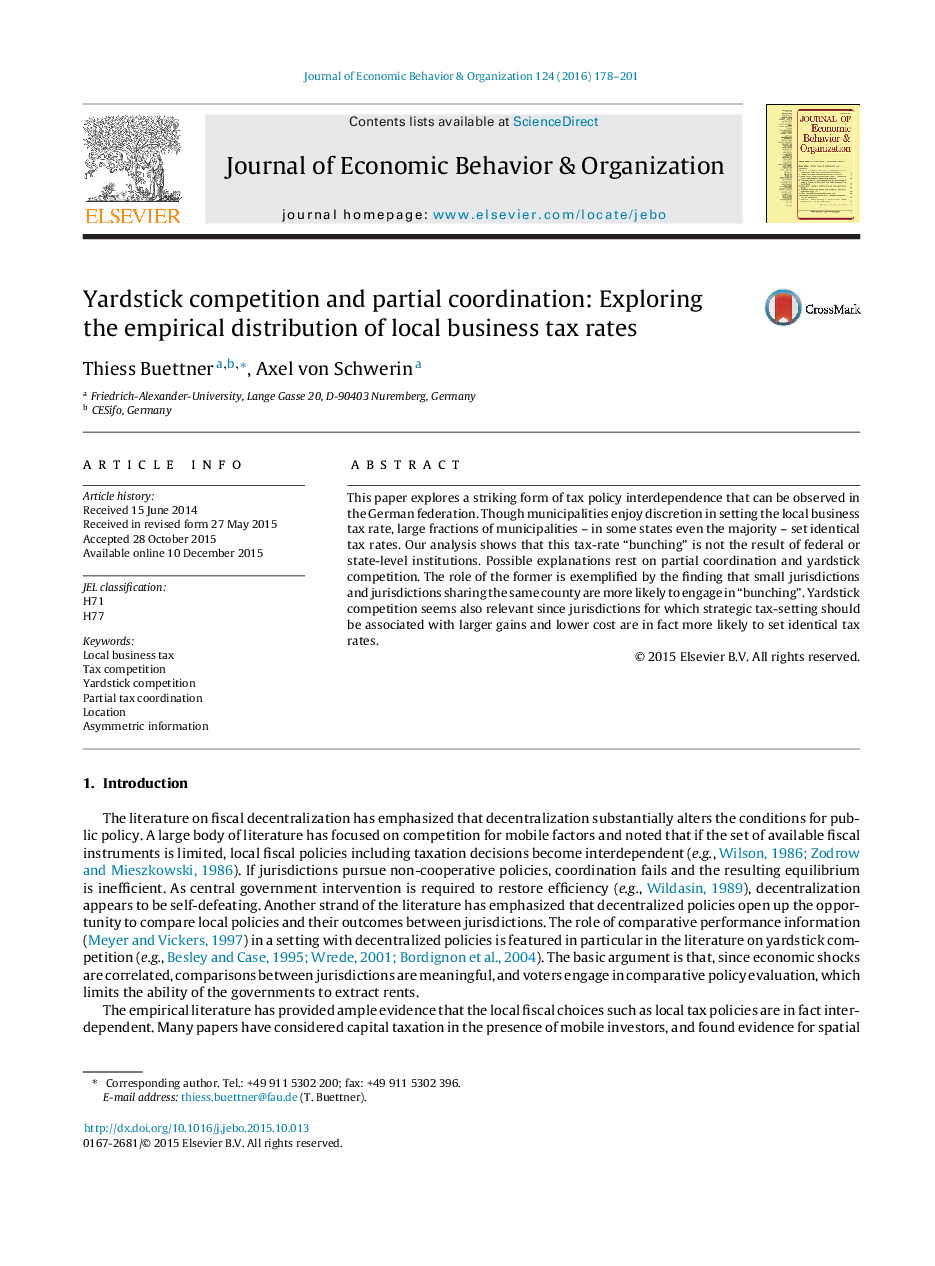 Yardstick competition and partial coordination: Exploring the empirical distribution of local business tax rates