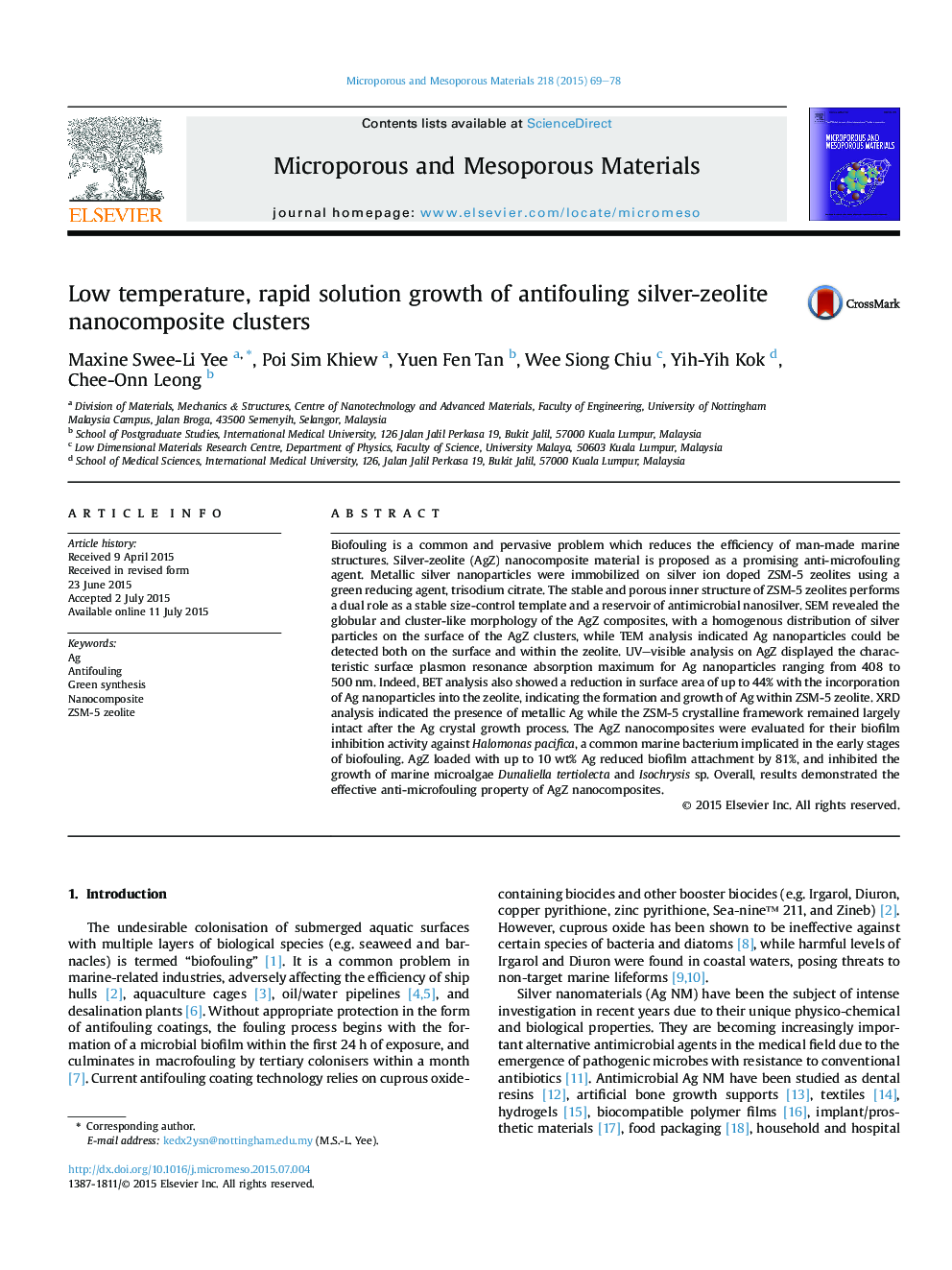 Low temperature, rapid solution growth of antifouling silver-zeolite nanocomposite clusters