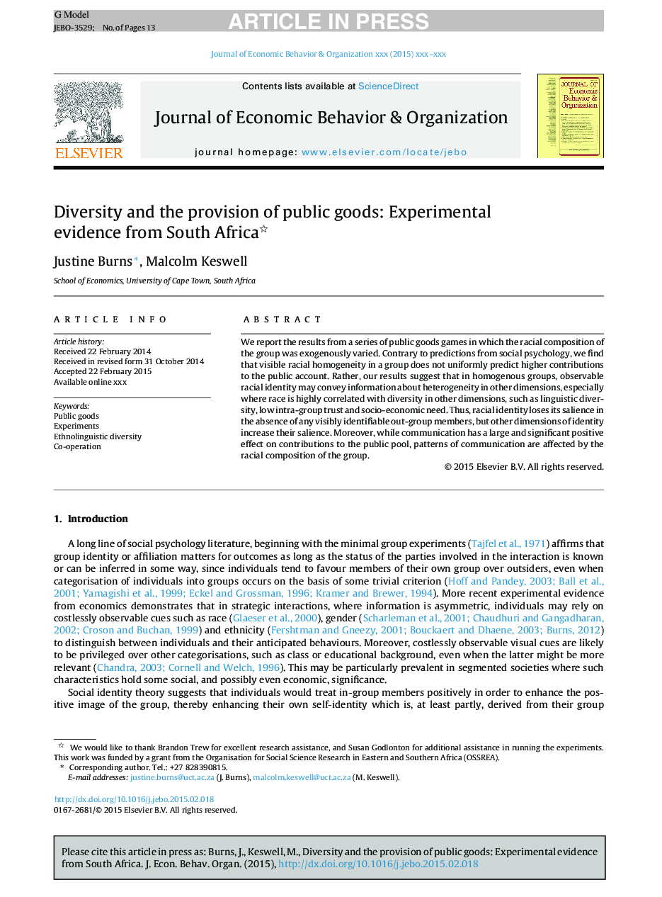 Diversity and the provision of public goods: Experimental evidence from South Africa