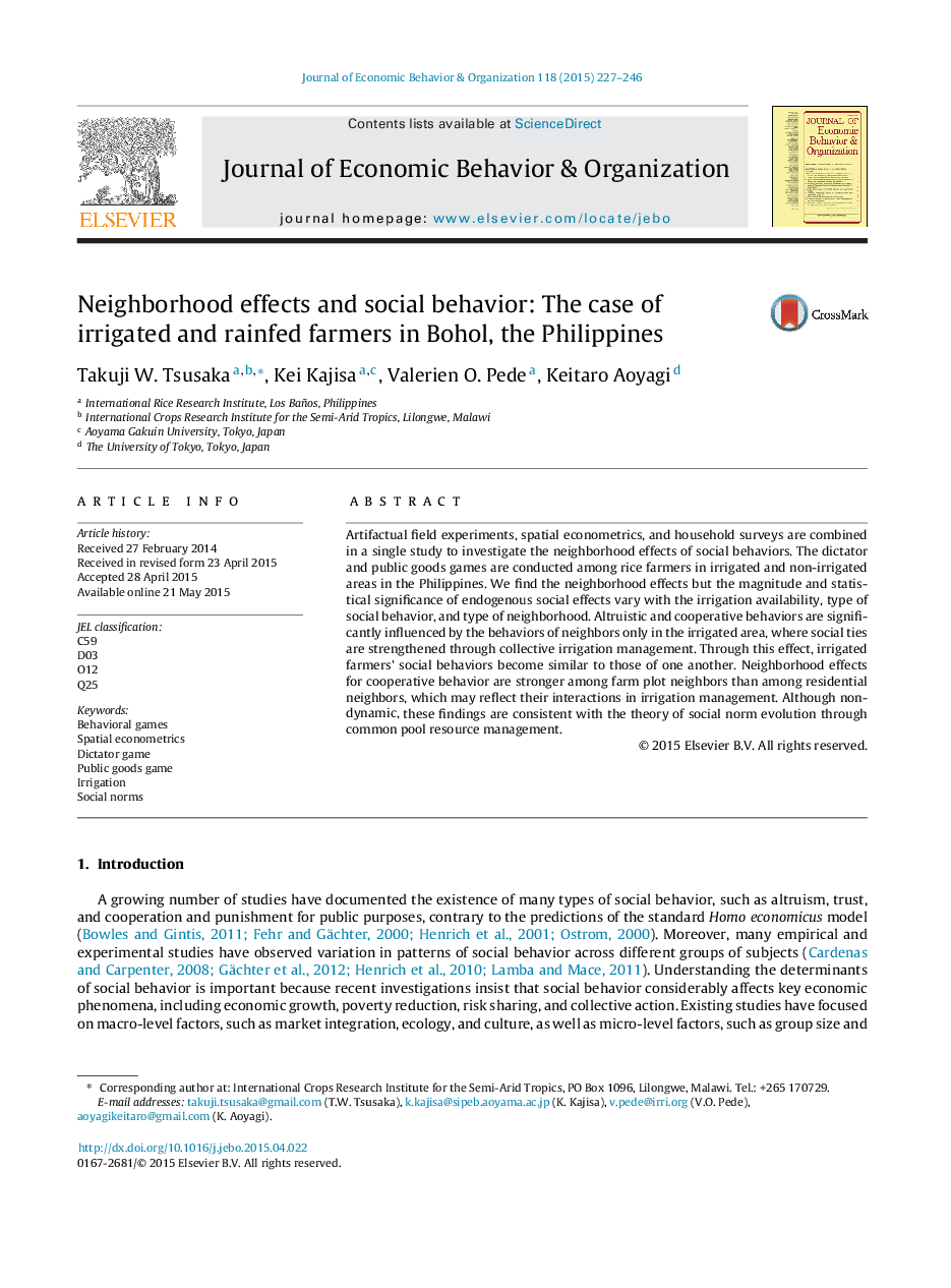 Neighborhood effects and social behavior: The case of irrigated and rainfed farmers in Bohol, the Philippines