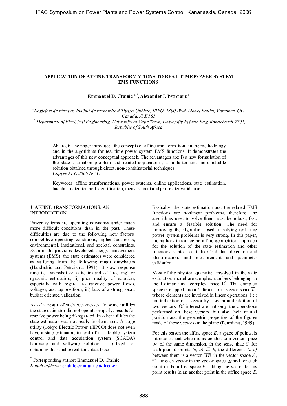 APPLICATION OF AFFINE TRANSFORMATIONS TO REAL-TIME POWER SYSTEM EMS FUNCTIONS