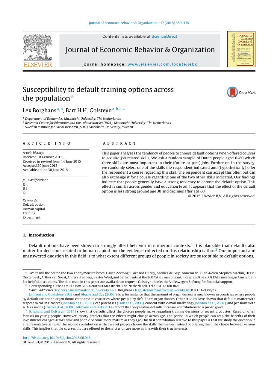 Susceptibility to default training options across the population