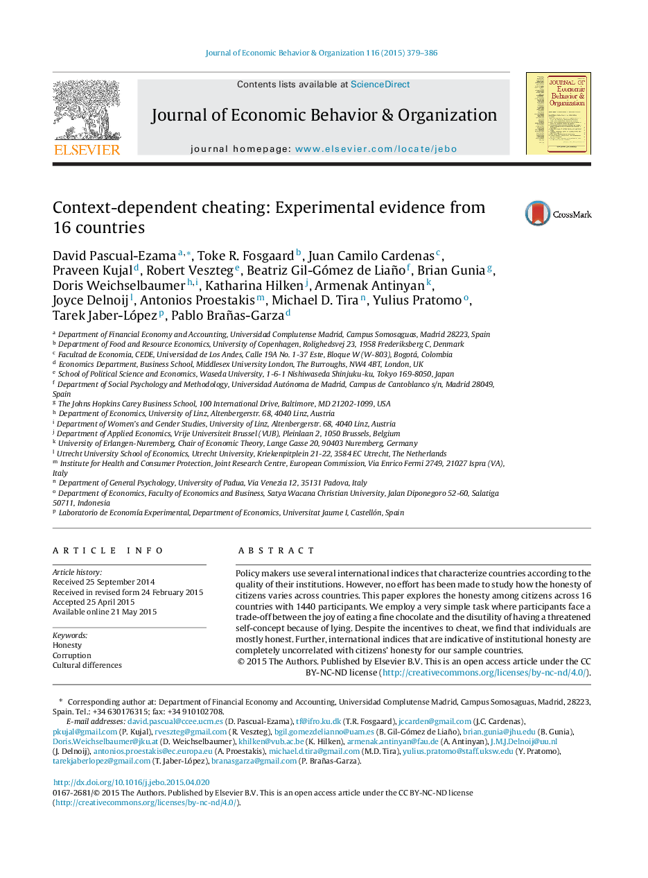 Context-dependent cheating: Experimental evidence from 16 countries