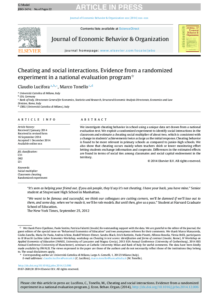 Cheating and social interactions. Evidence from a randomized experiment in a national evaluation program