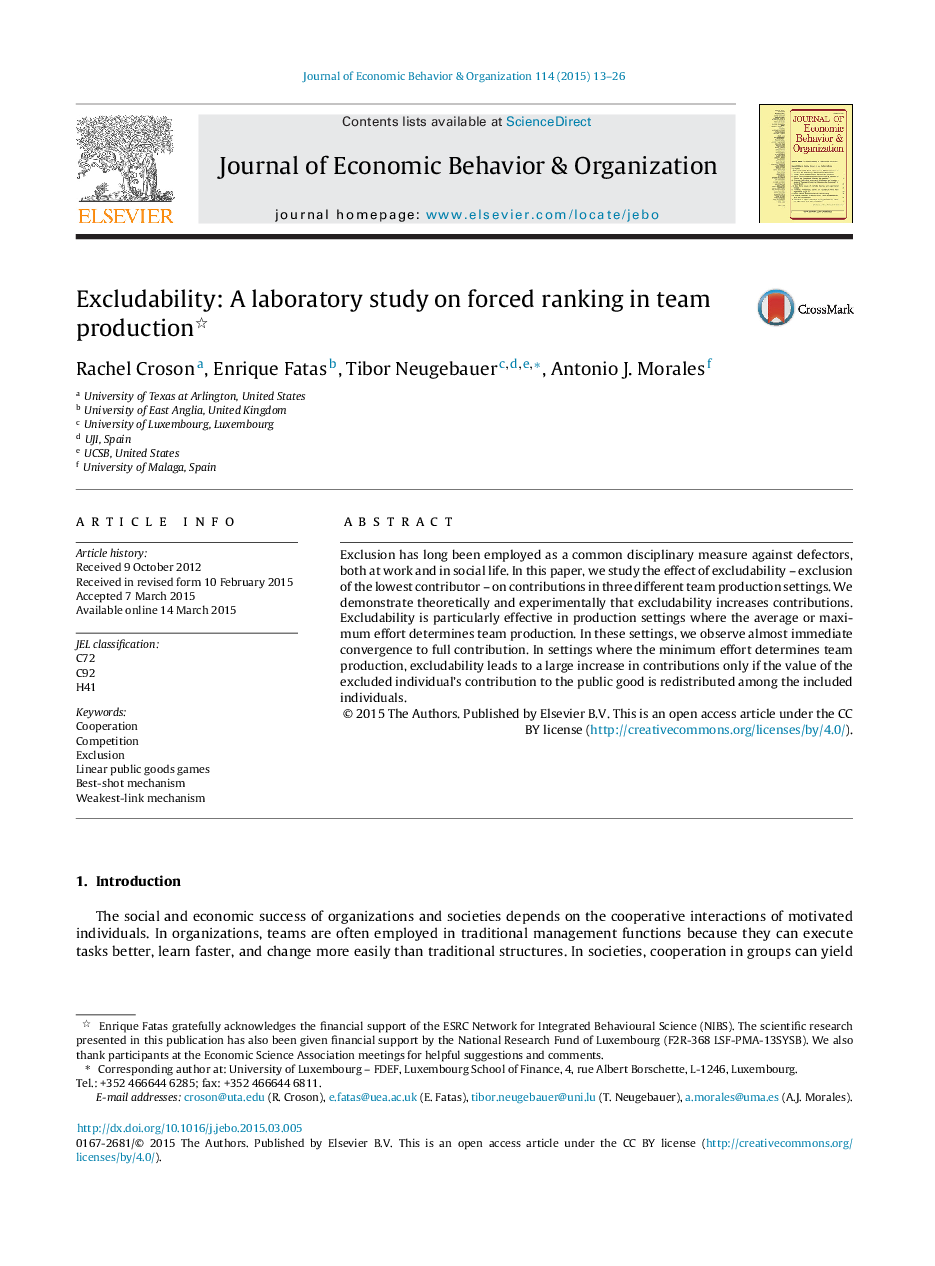 Excludability: A laboratory study on forced ranking in team production