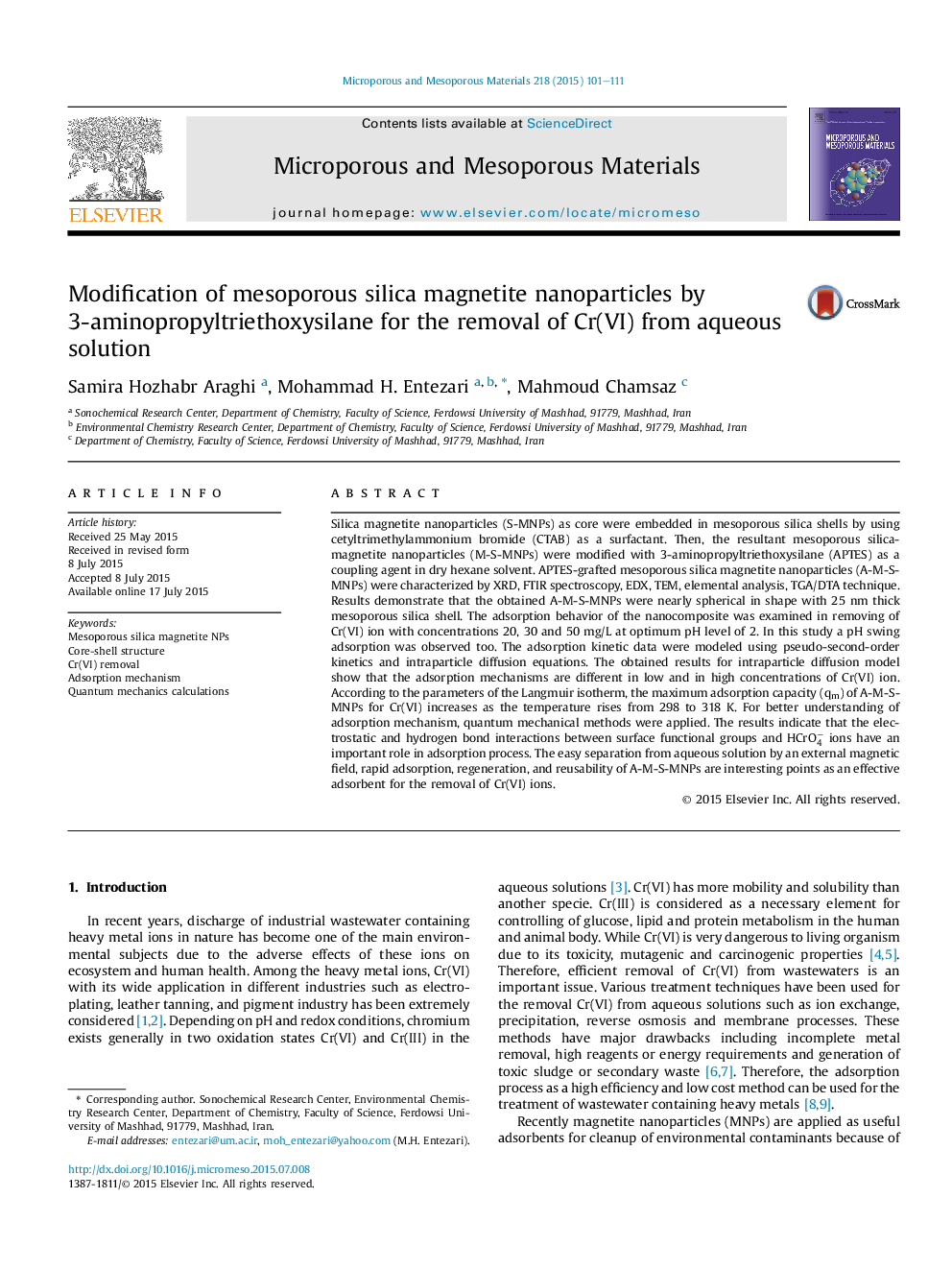 Modification of mesoporous silica magnetite nanoparticles by 3-aminopropyltriethoxysilane for the removal of Cr(VI) from aqueous solution