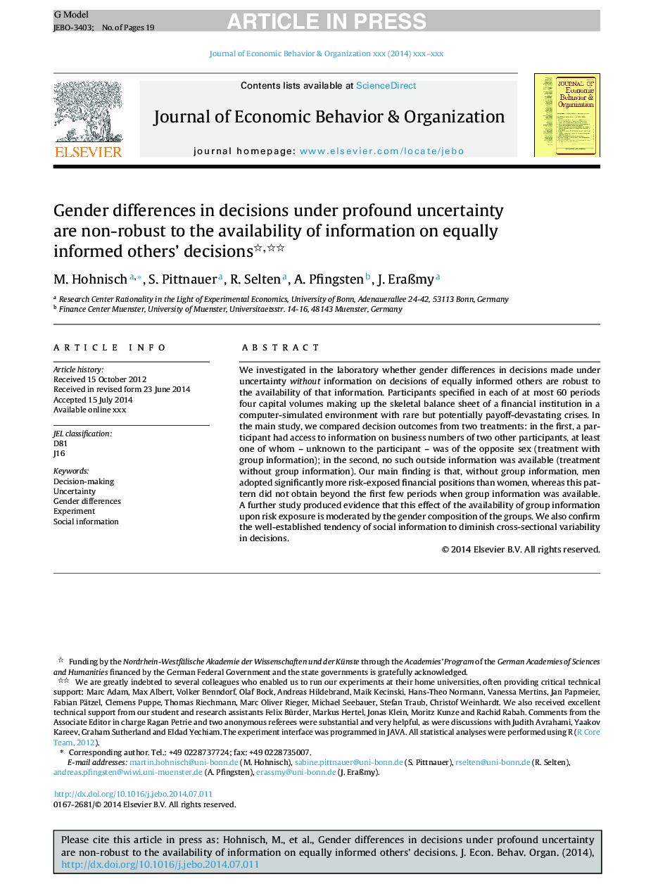 Gender differences in decisions under profound uncertainty are non-robust to the availability of information on equally informed others' decisions