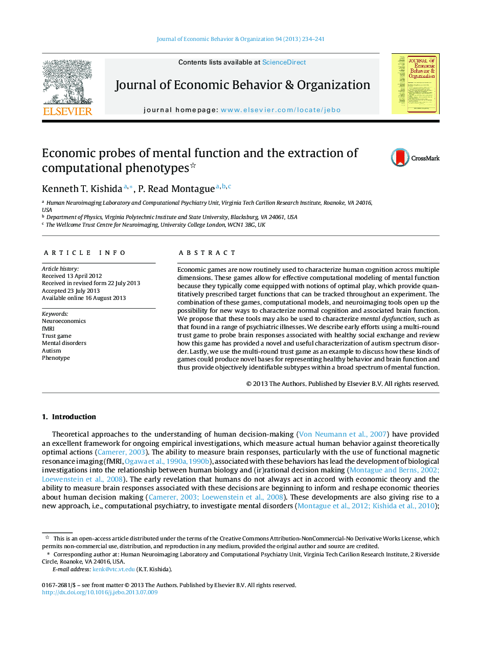 Economic probes of mental function and the extraction of computational phenotypes