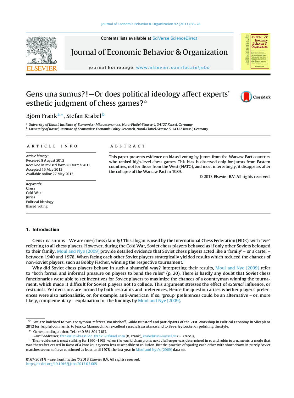 Gens una sumus?!-Or does political ideology affect experts' esthetic judgment of chess games?