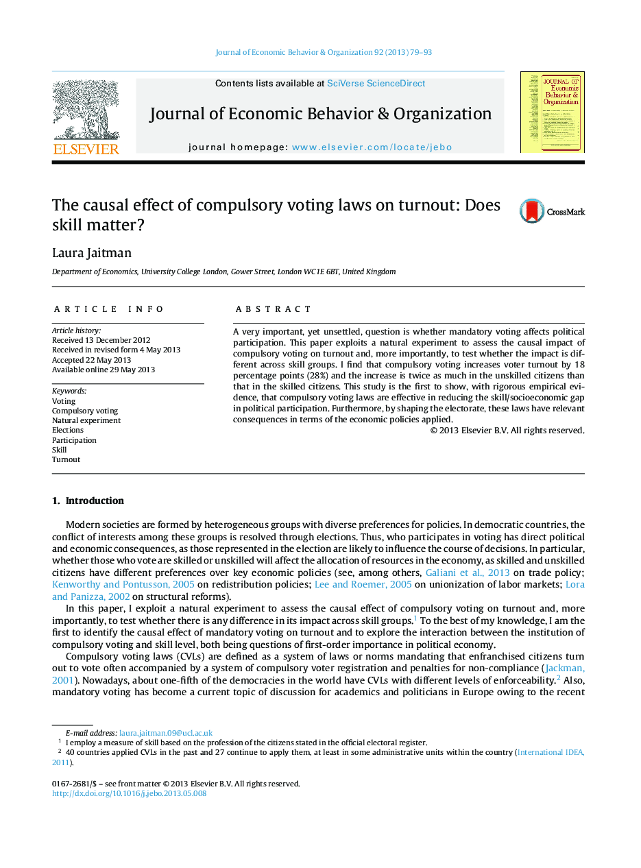 The causal effect of compulsory voting laws on turnout: Does skill matter?