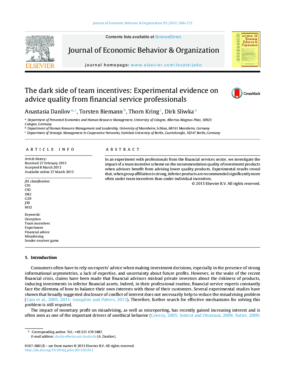 The dark side of team incentives: Experimental evidence on advice quality from financial service professionals