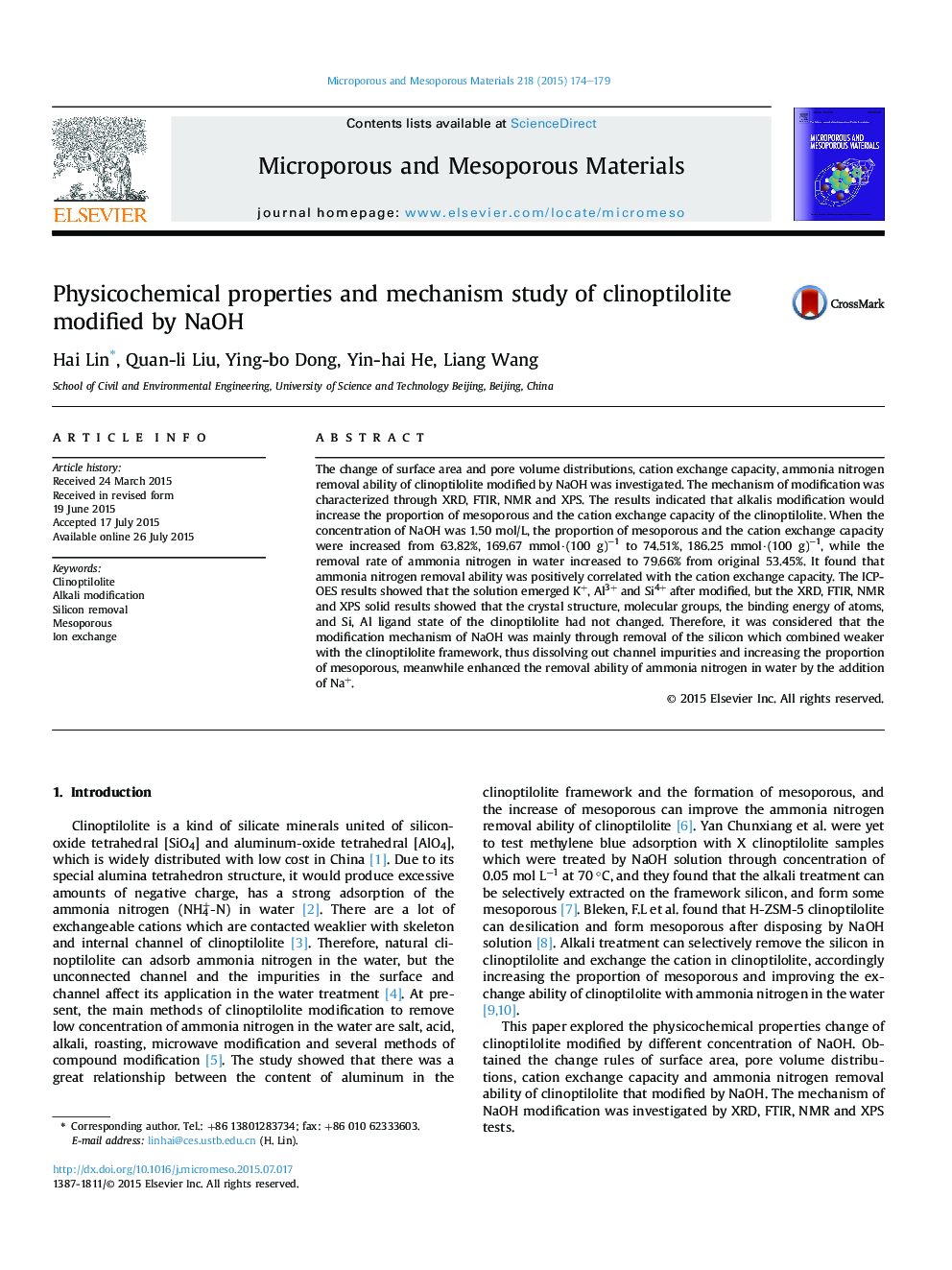 Physicochemical properties and mechanism study of clinoptilolite modified by NaOH