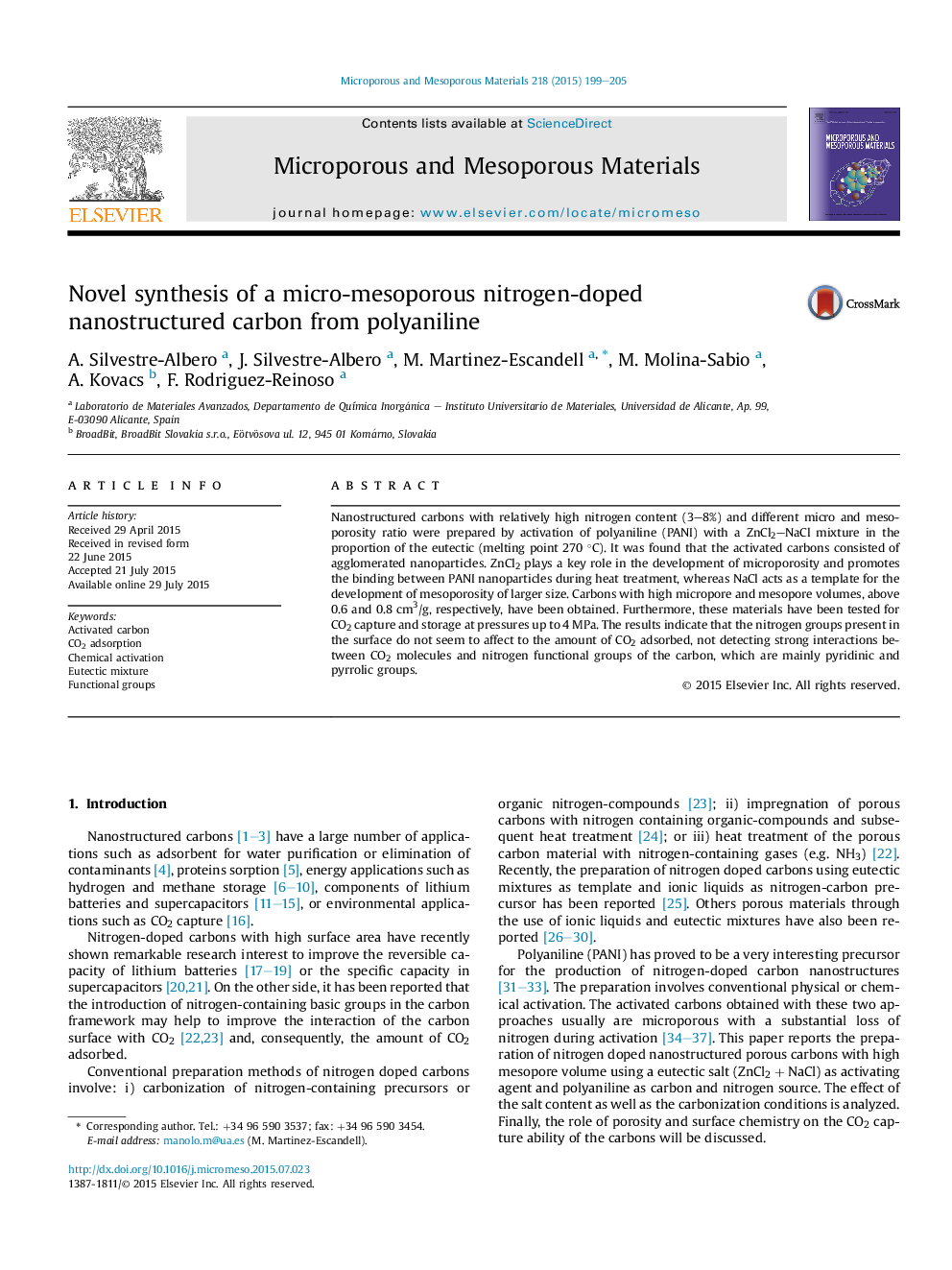 Novel synthesis of a micro-mesoporous nitrogen-doped nanostructured carbon from polyaniline