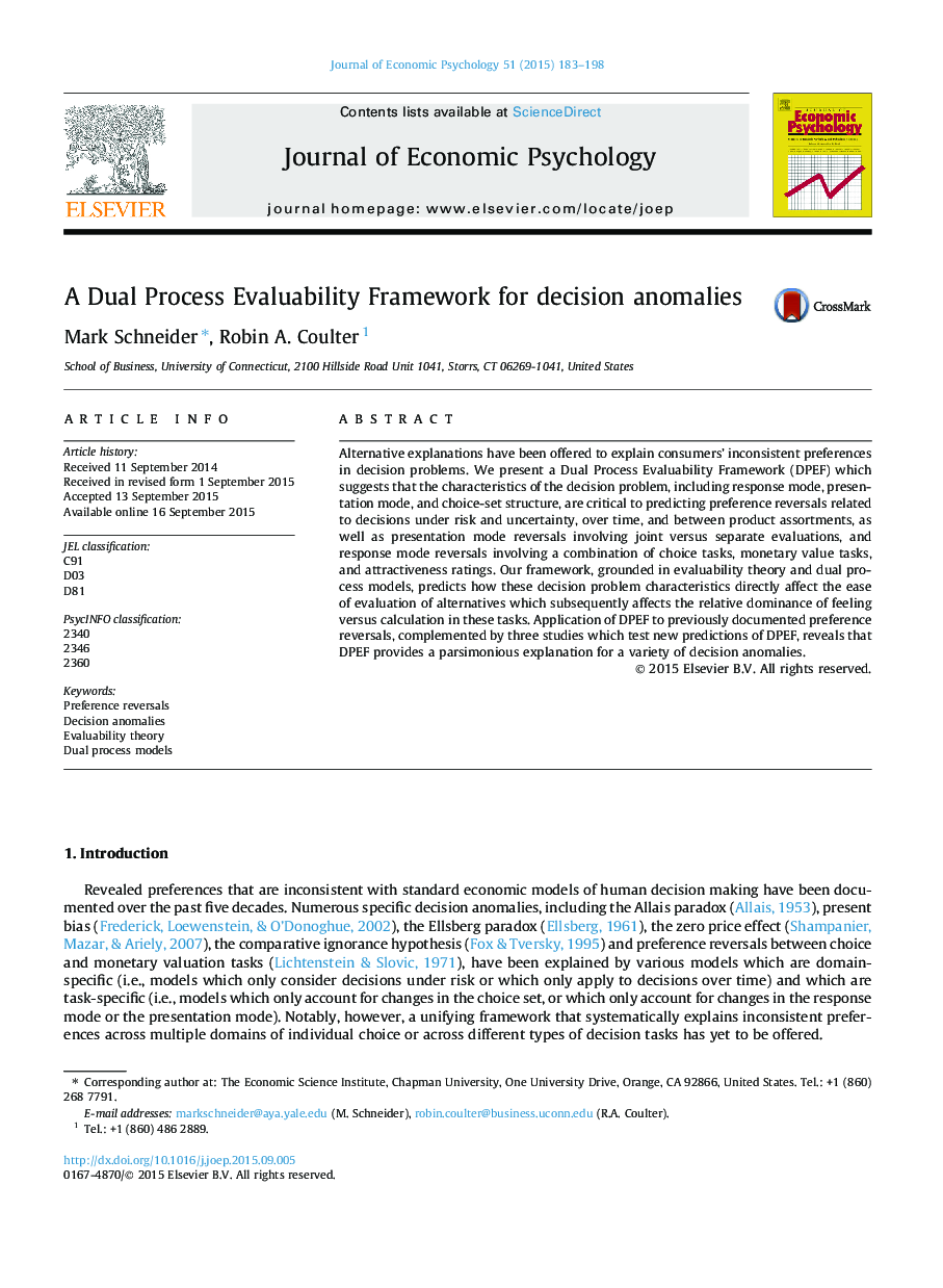 A Dual Process Evaluability Framework for decision anomalies