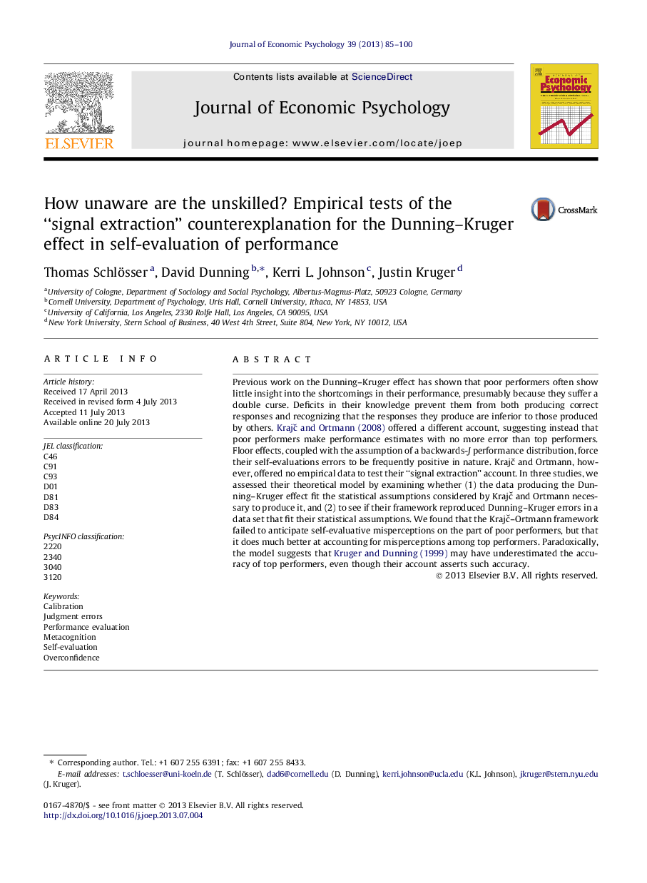 How unaware are the unskilled? Empirical tests of the “signal extraction” counterexplanation for the Dunning-Kruger effect in self-evaluation of performance