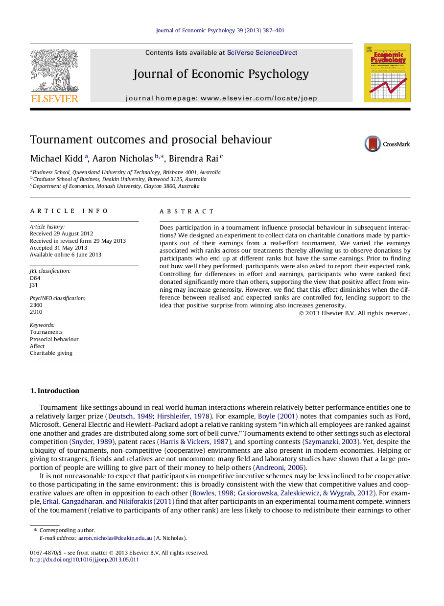 Tournament outcomes and prosocial behaviour