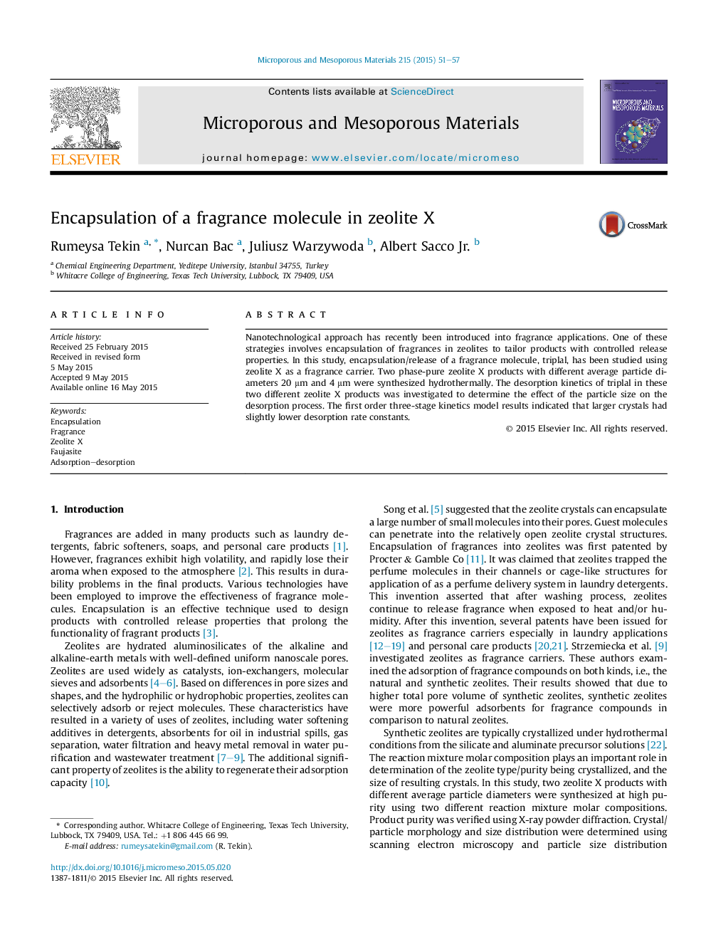 Encapsulation of a fragrance molecule in zeolite X