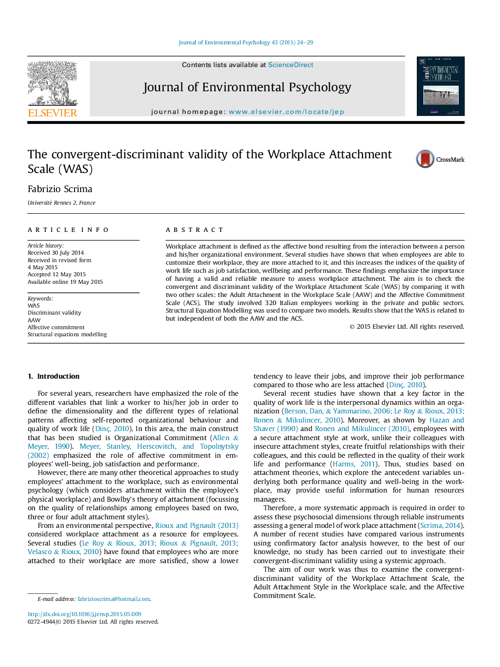 The convergent-discriminant validity of the Workplace Attachment Scale (WAS)