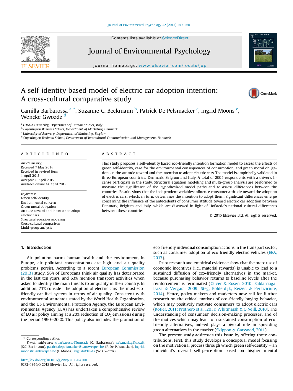 A self-identity based model of electric car adoption intention: AÂ cross-cultural comparative study