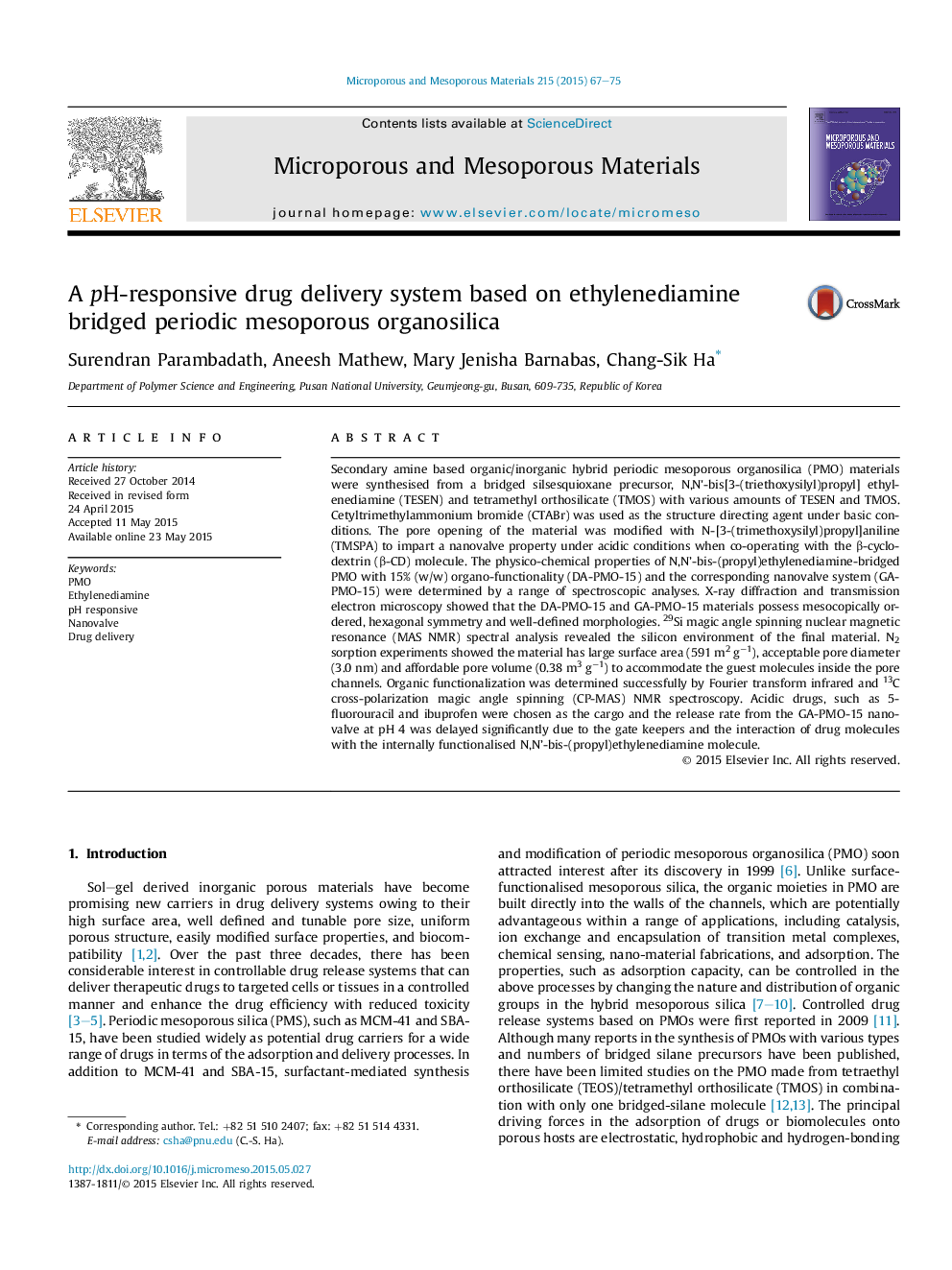 A pH-responsive drug delivery system based on ethylenediamine bridged periodic mesoporous organosilica