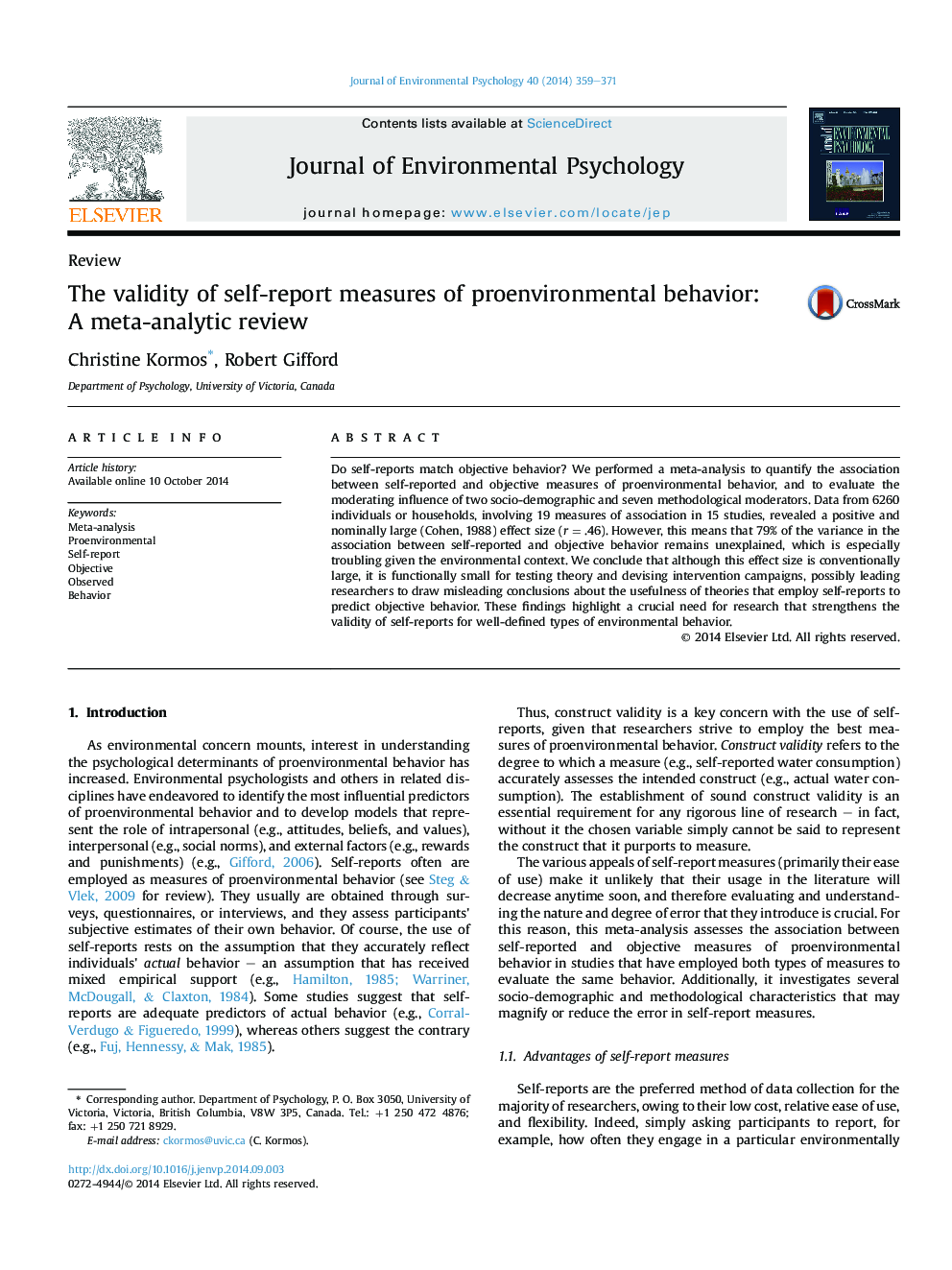 The validity of self-report measures of proenvironmental behavior: AÂ meta-analytic review