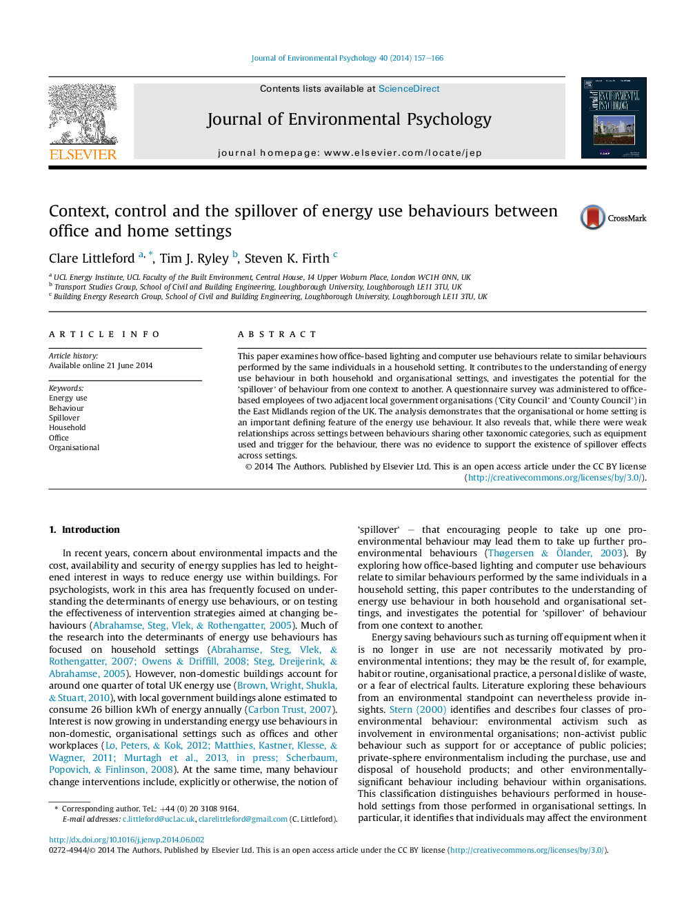 Context, control and the spillover of energy use behaviours between office and home settings