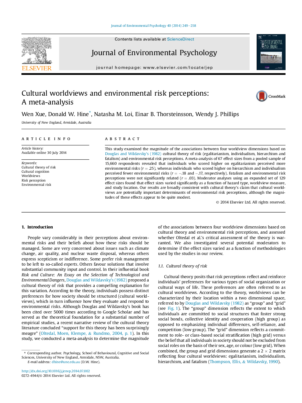 Cultural worldviews and environmental risk perceptions: AÂ meta-analysis