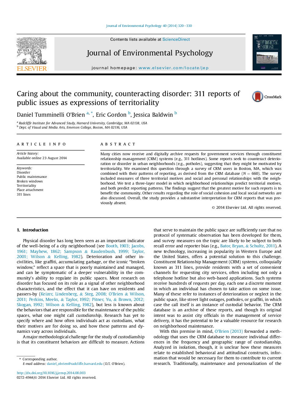 Caring about the community, counteracting disorder: 311 reports of public issues as expressions of territoriality