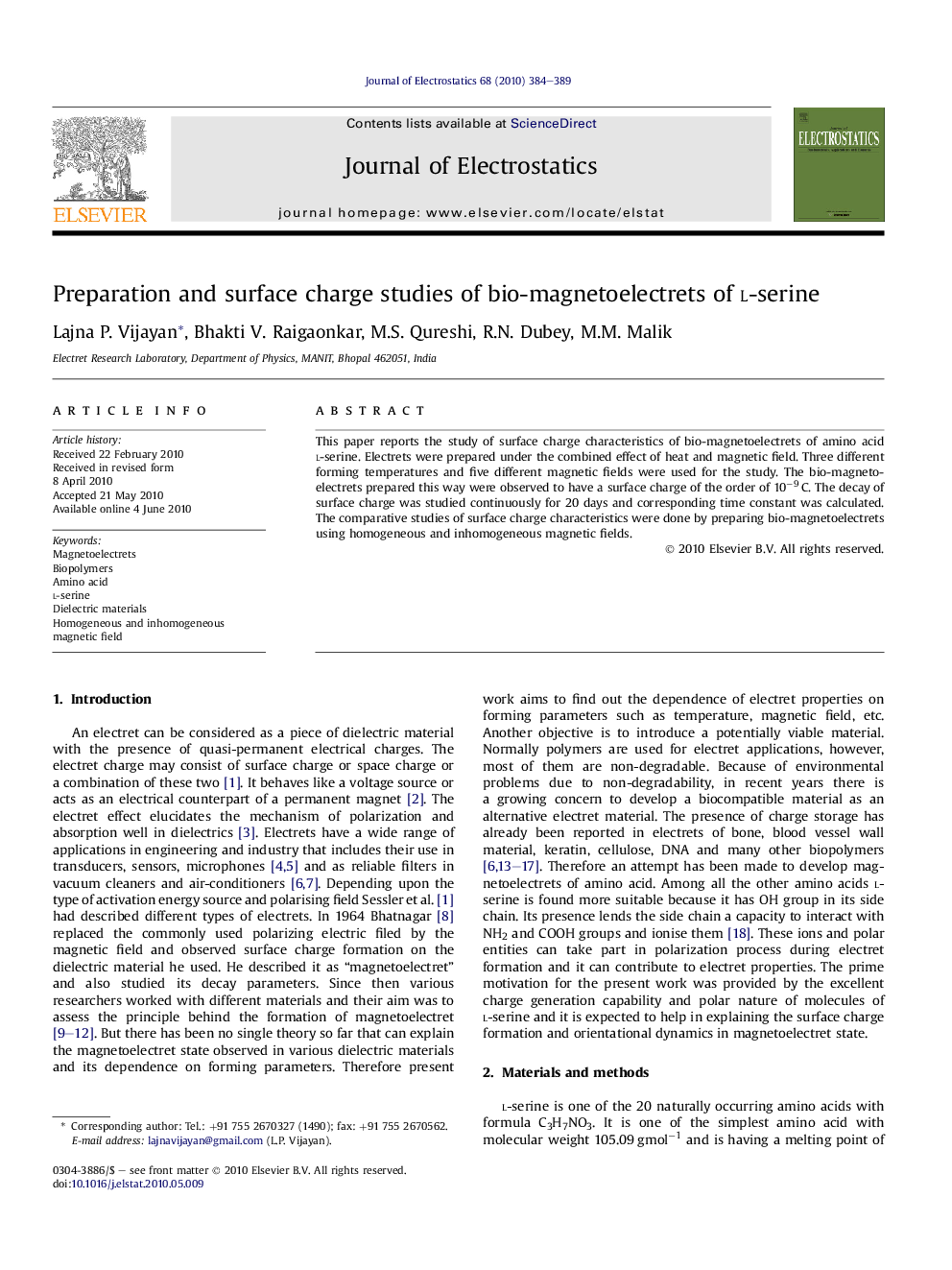 عکس صفحه اول مقاله: Preparation and surface charge studies of bio-magnetoelectrets of l-serine Preparation and surface charge studies of bio-magnetoelectrets of l-serine