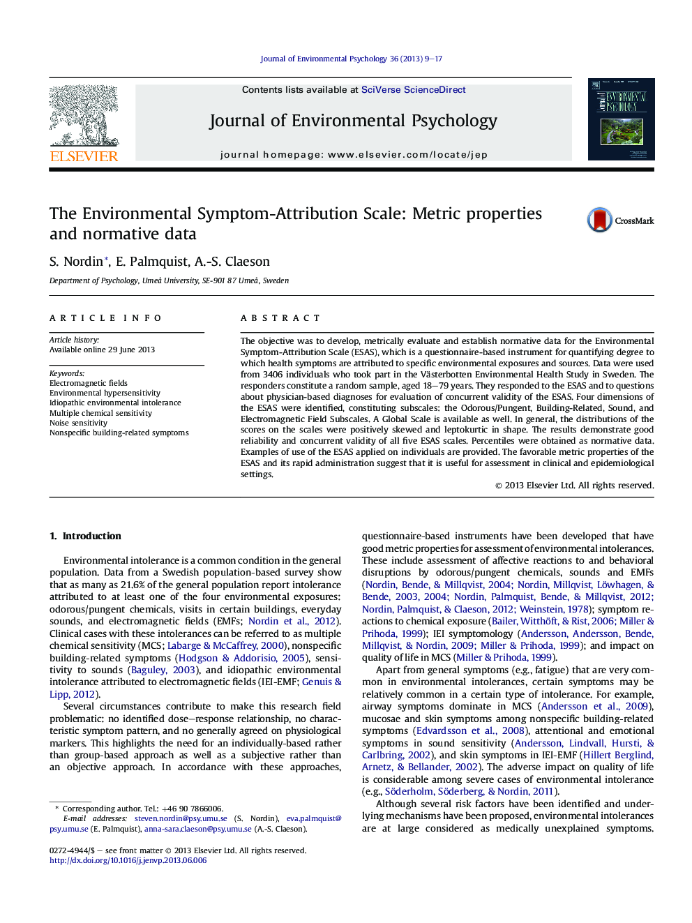 The Environmental Symptom-Attribution Scale: Metric properties andÂ normative data