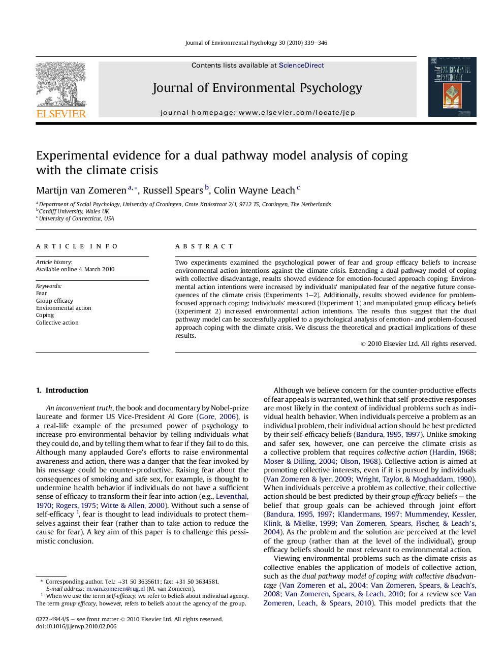 Experimental evidence for a dual pathway model analysis of coping with the climate crisis