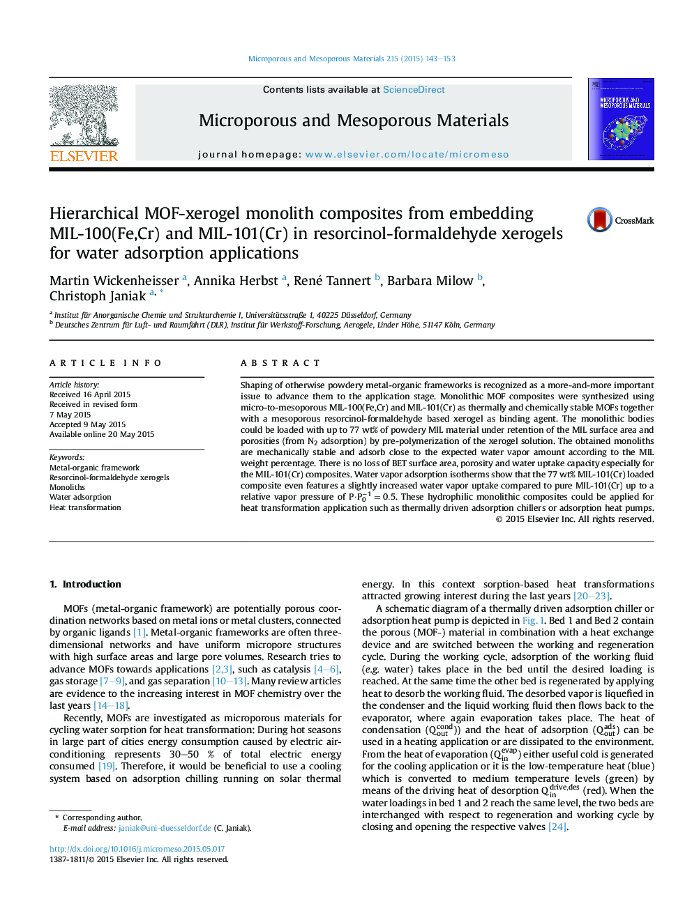 Hierarchical MOF-xerogel monolith composites from embedding MIL-100(Fe,Cr) and MIL-101(Cr) in resorcinol-formaldehyde xerogels for water adsorption applications