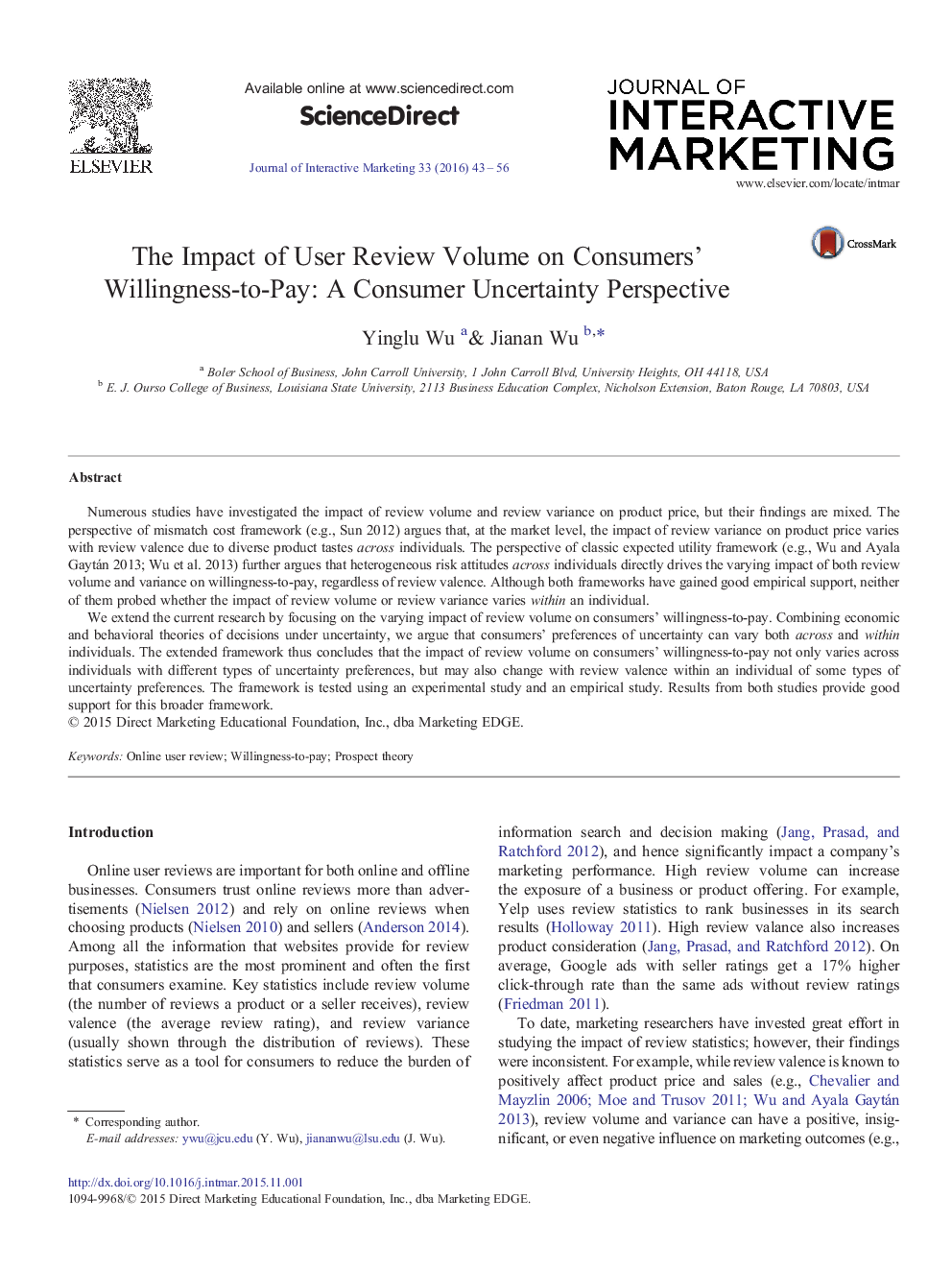 The Impact of User Review Volume on Consumers' Willingness-to-Pay: A Consumer Uncertainty Perspective