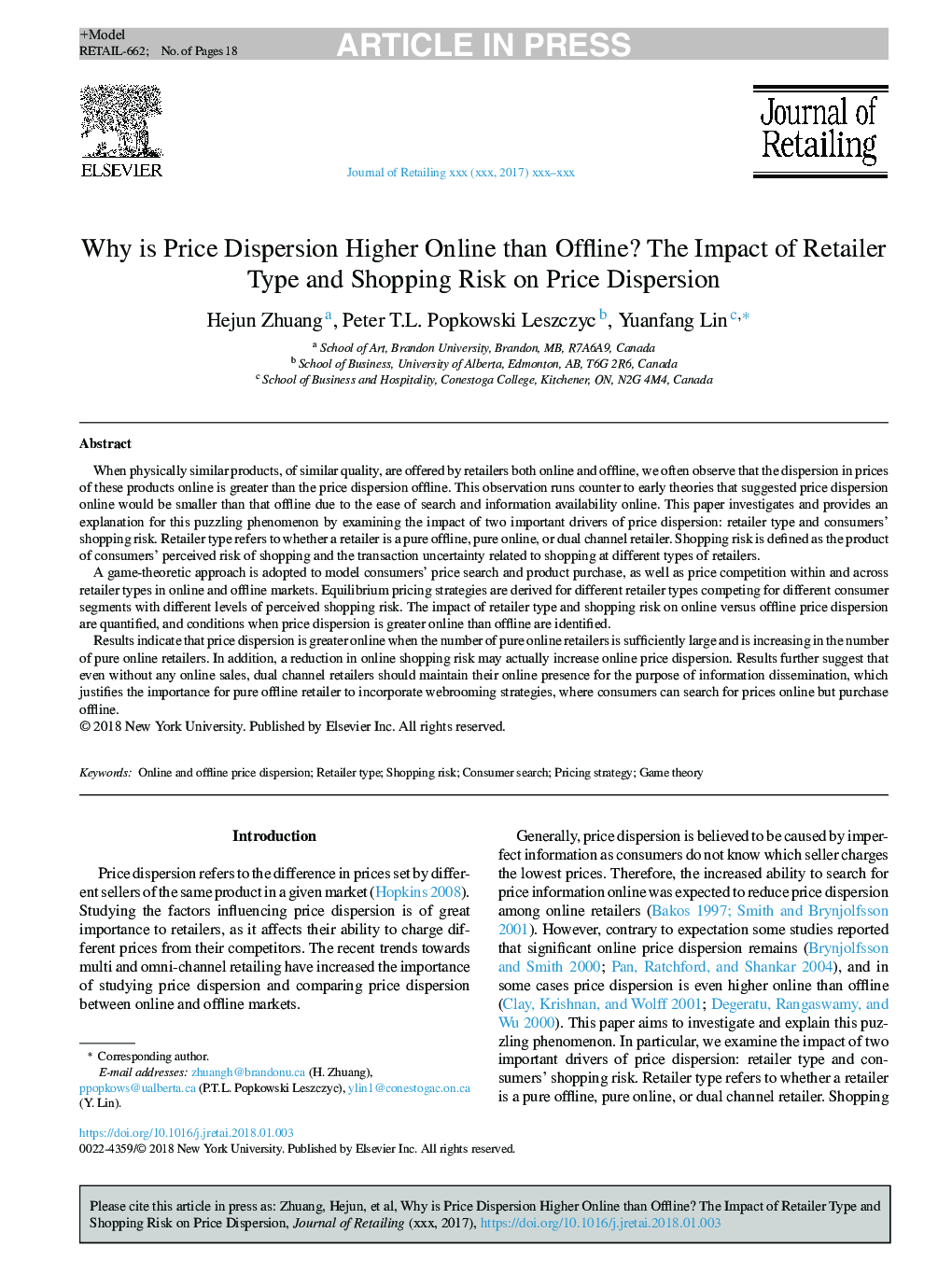 Why is Price Dispersion Higher Online than Offline? The Impact of Retailer Type and Shopping Risk on Price Dispersion