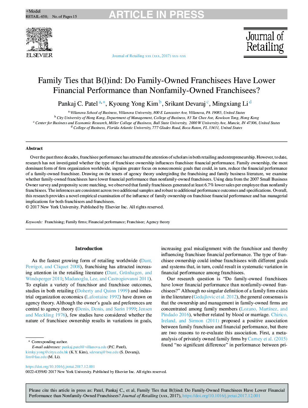Family Ties that B(l)ind: Do Family-Owned Franchisees Have Lower Financial Performance than Nonfamily-Owned Franchisees?