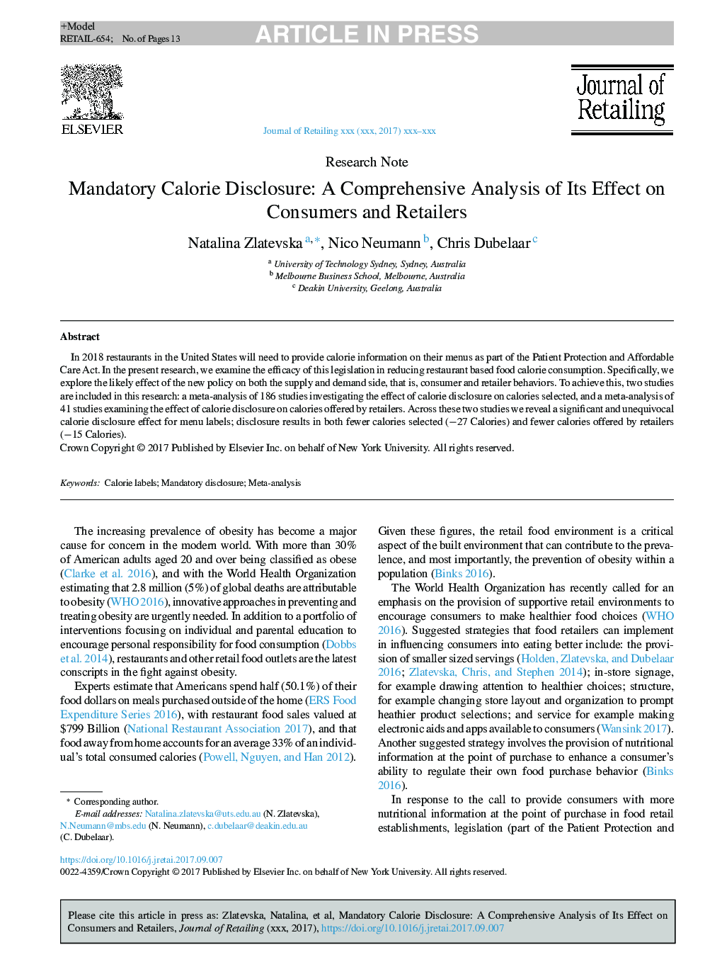 Mandatory Calorie Disclosure: A Comprehensive Analysis of Its Effect on Consumers and Retailers