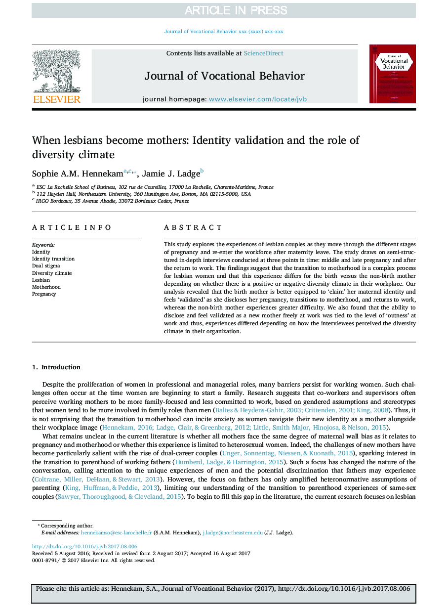 When lesbians become mothers: Identity validation and the role of diversity climate