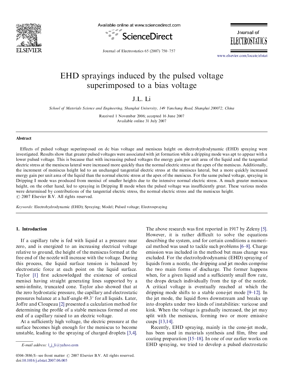 EHD sprayings induced by the pulsed voltage superimposed to a bias voltage