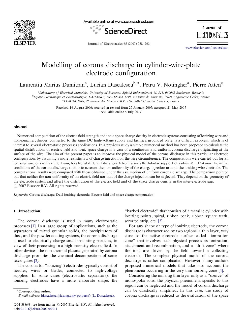 Modelling of corona discharge in cylinder-wire-plate electrode configuration