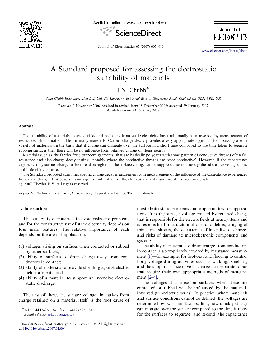 A Standard proposed for assessing the electrostatic suitability of materials