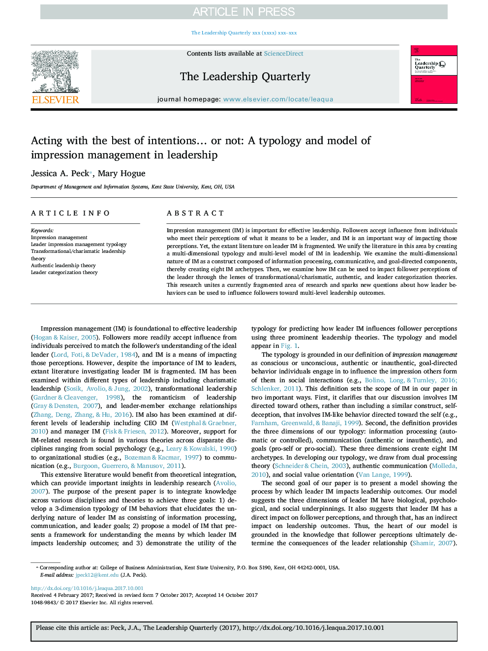 Acting with the best of intentionsâ¦ or not: A typology and model of impression management in leadership