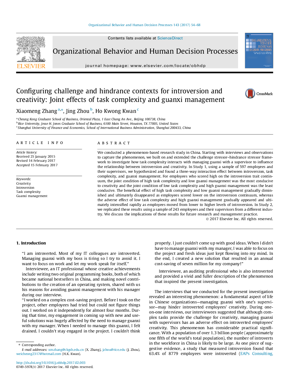 Configuring challenge and hindrance contexts for introversion and creativity: Joint effects of task complexity and guanxi management