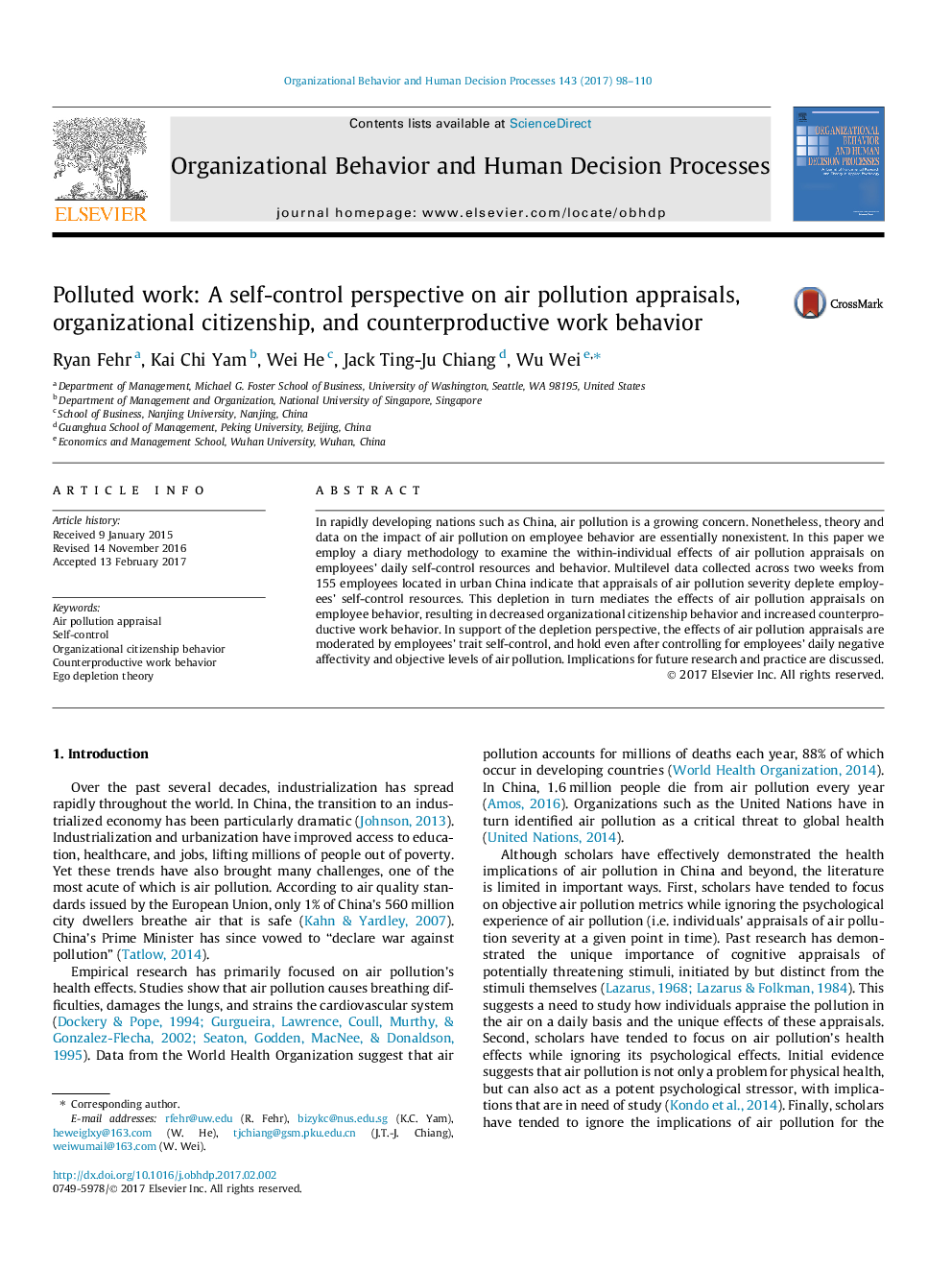 Polluted work: A self-control perspective on air pollution appraisals, organizational citizenship, and counterproductive work behavior