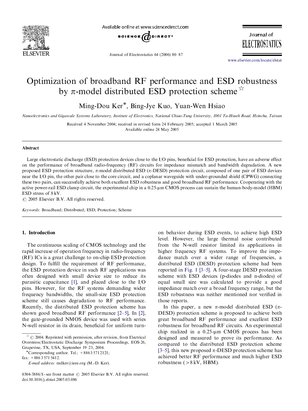 Optimization of broadband RF performance and ESD robustness by ππ-model distributed ESD protection scheme 