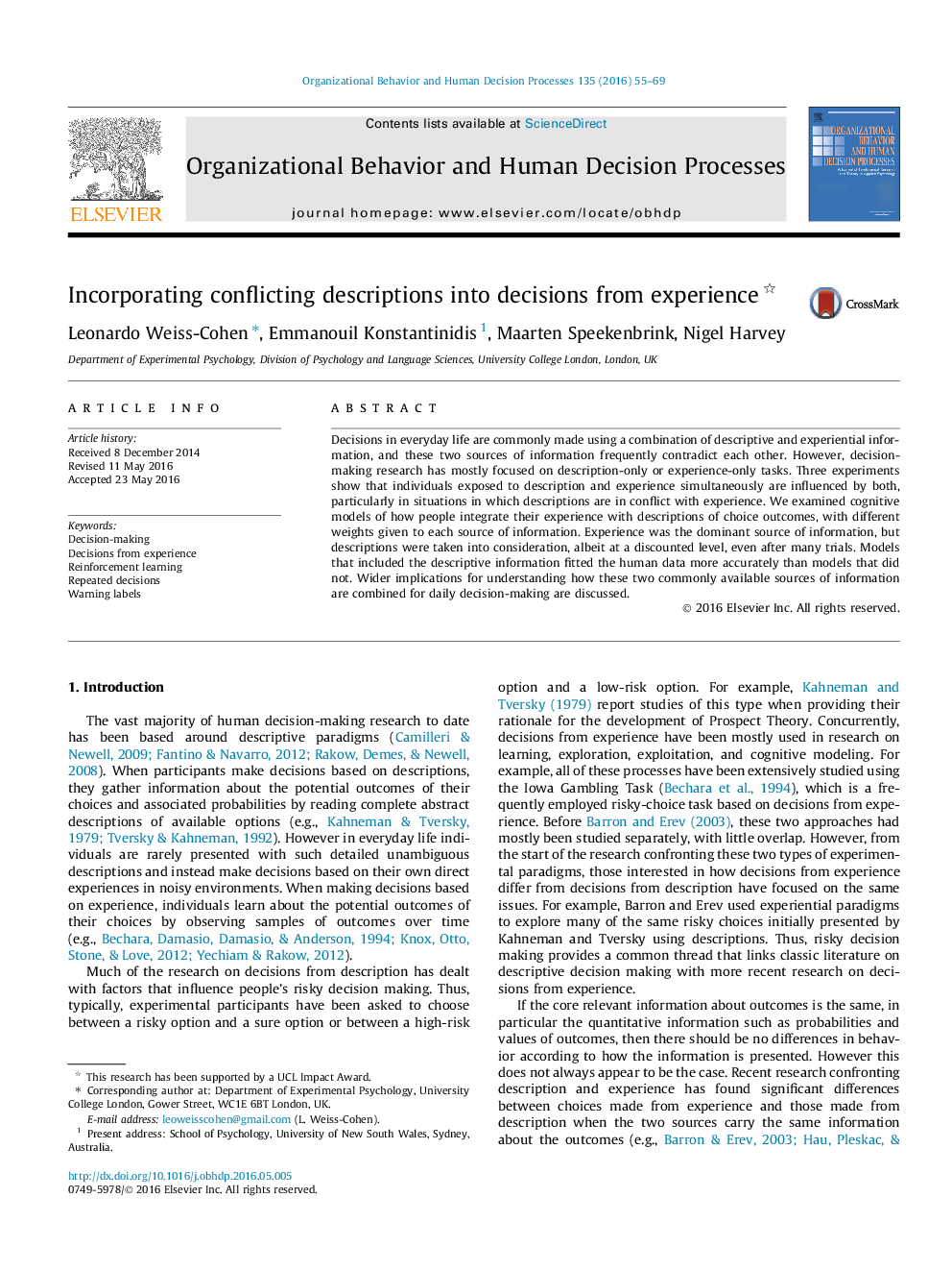 Incorporating conflicting descriptions into decisions from experience