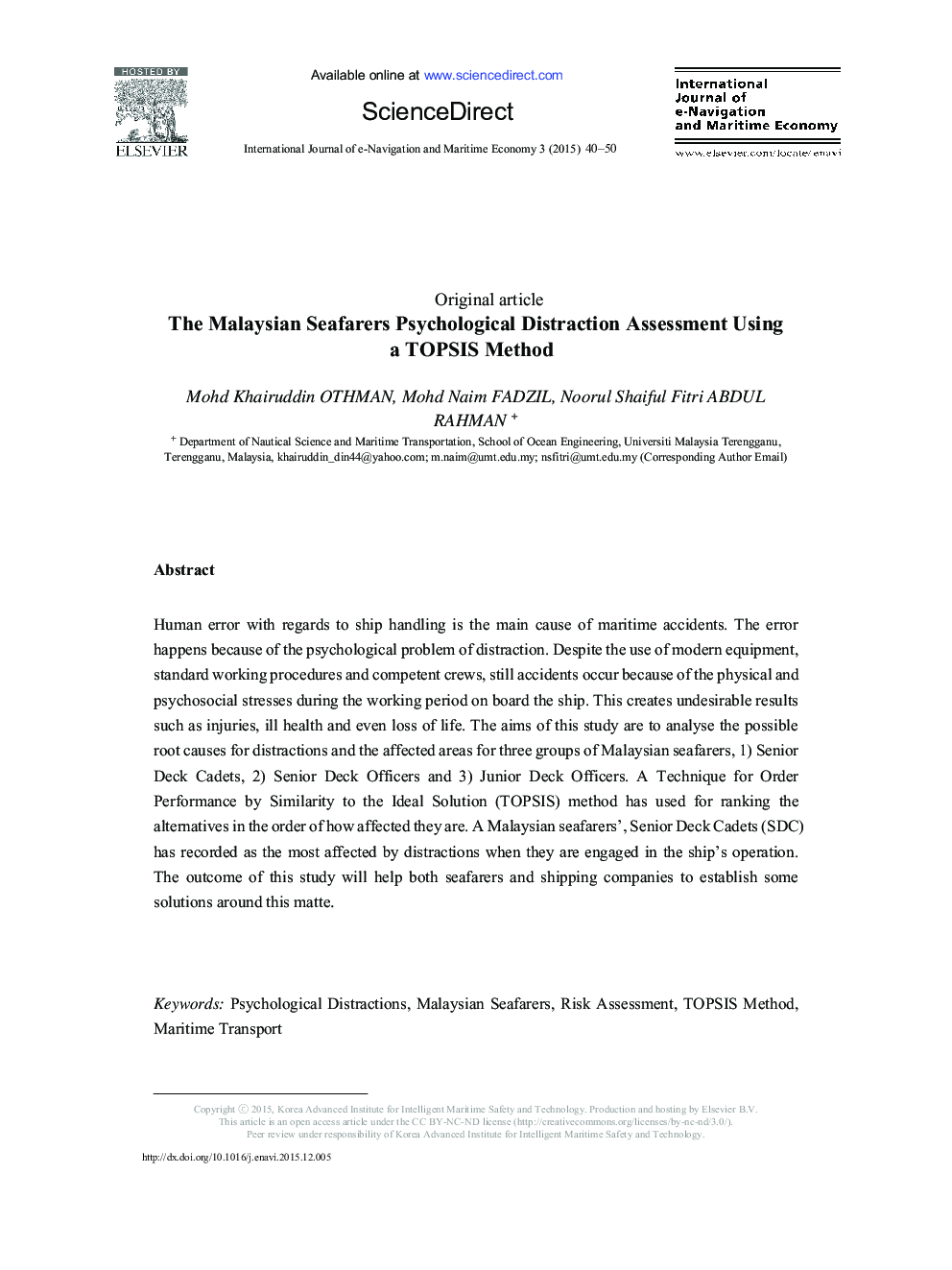 The Malaysian Seafarers Psychological Distraction Assessment Using a TOPSIS Method 