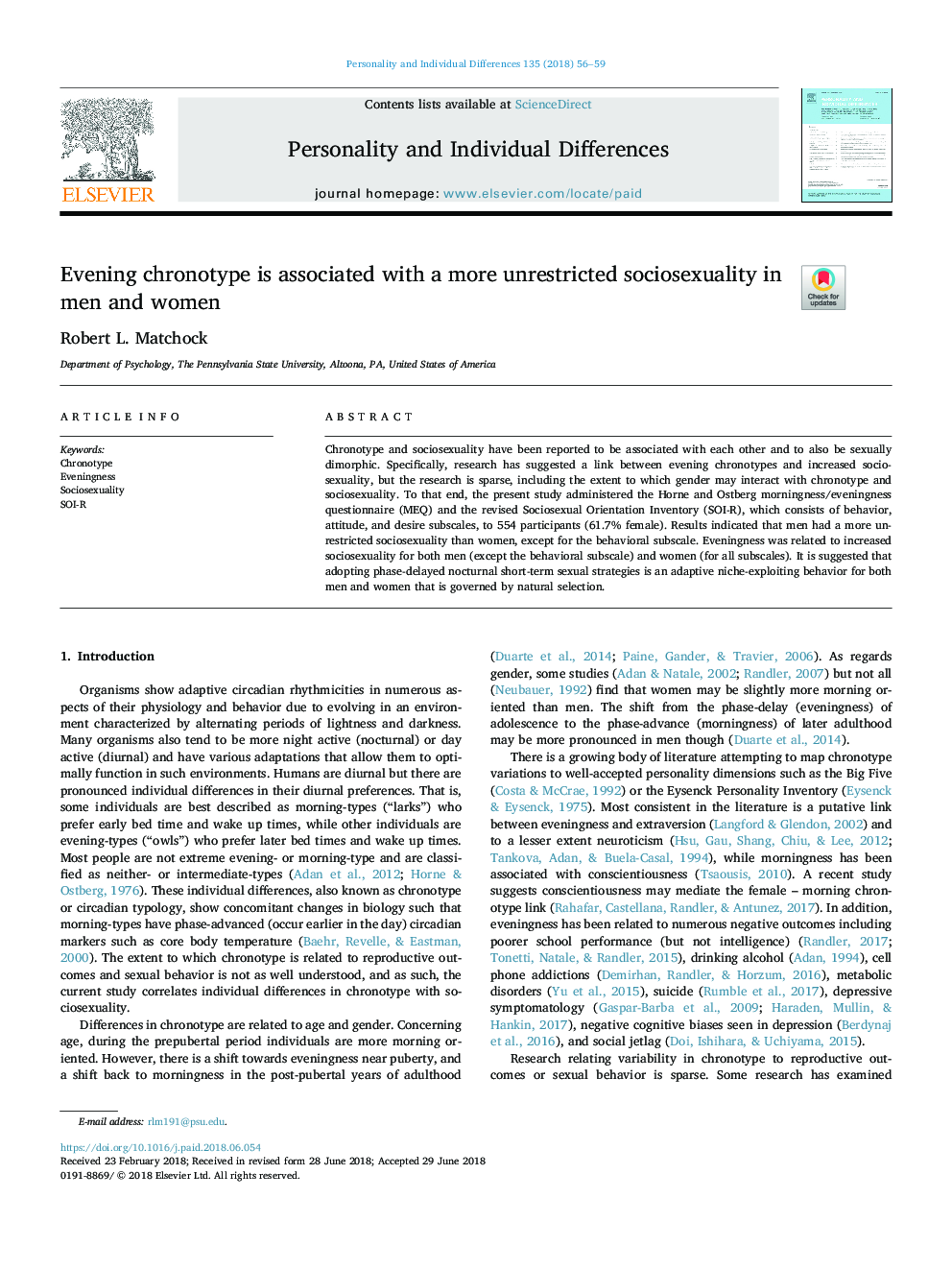 Evening chronotype is associated with a more unrestricted sociosexuality in men and women