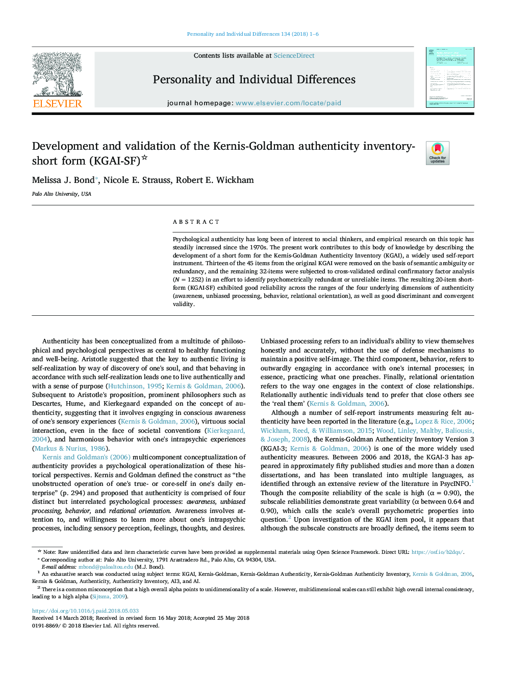 Development and validation of the Kernis-Goldman authenticity inventory-short form (KGAI-SF)